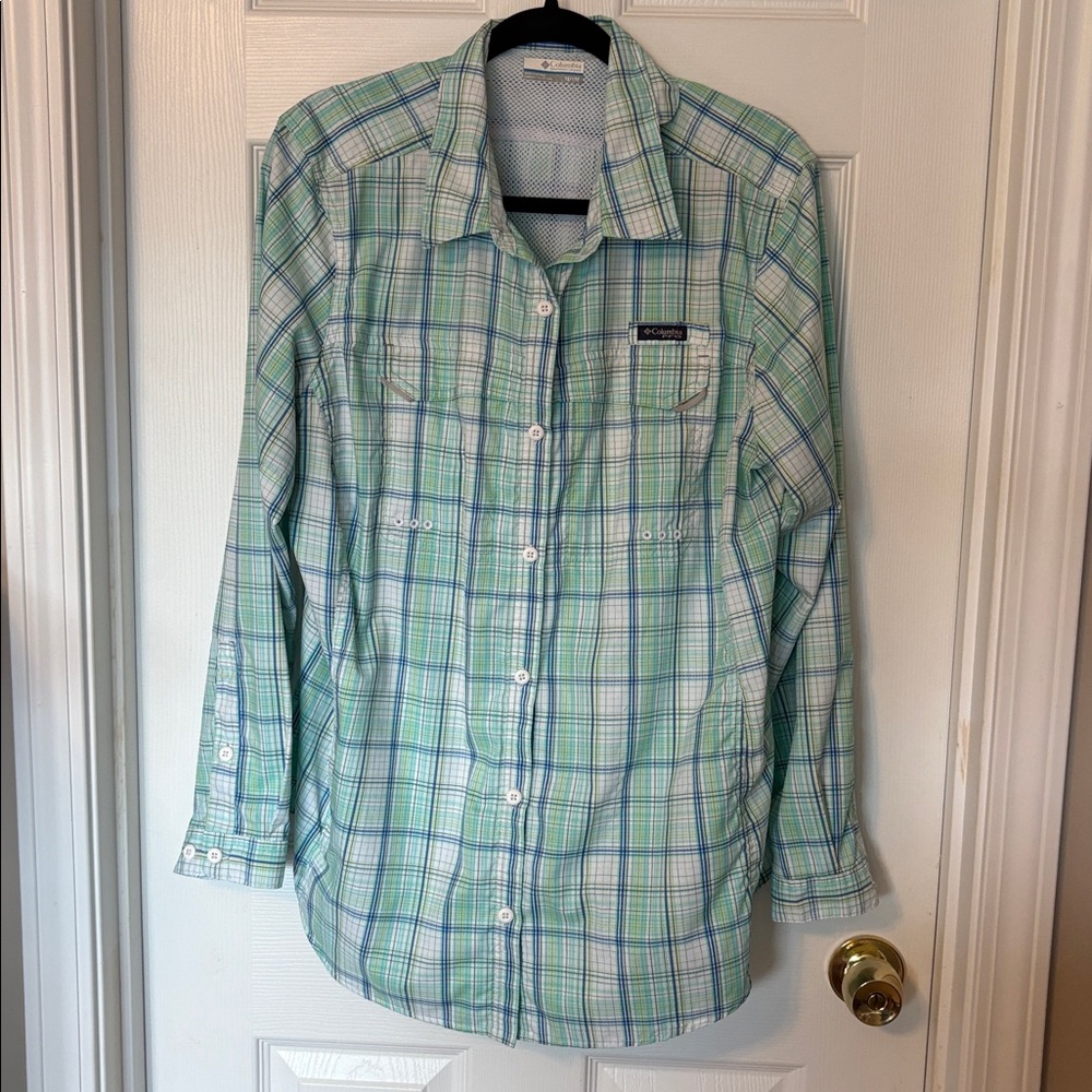 Columbia Blue and Green Plaid Shirt fishing